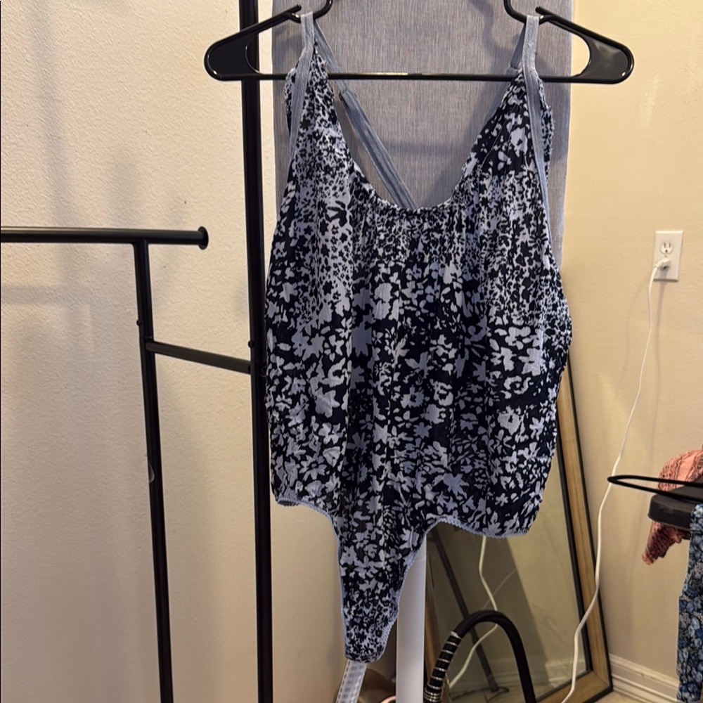 Free People Asymmetrical Blue and White Bodysuit